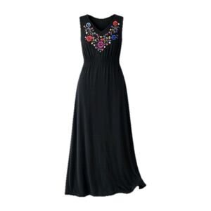 Maxi Dress 1X floral embroidered Boho Black A Line Flowy V Neck Sleeveless Soft